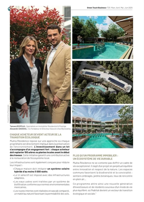 Article de Green Touch Business consacré à Mukta Résidence et à Alexandre Gassoul